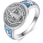 YAFEINI Saint Benedict Ring S925 Sterling Silver Turquoise St Benedict Ring Religious Amulet Jewelry Gift For Men Male Women