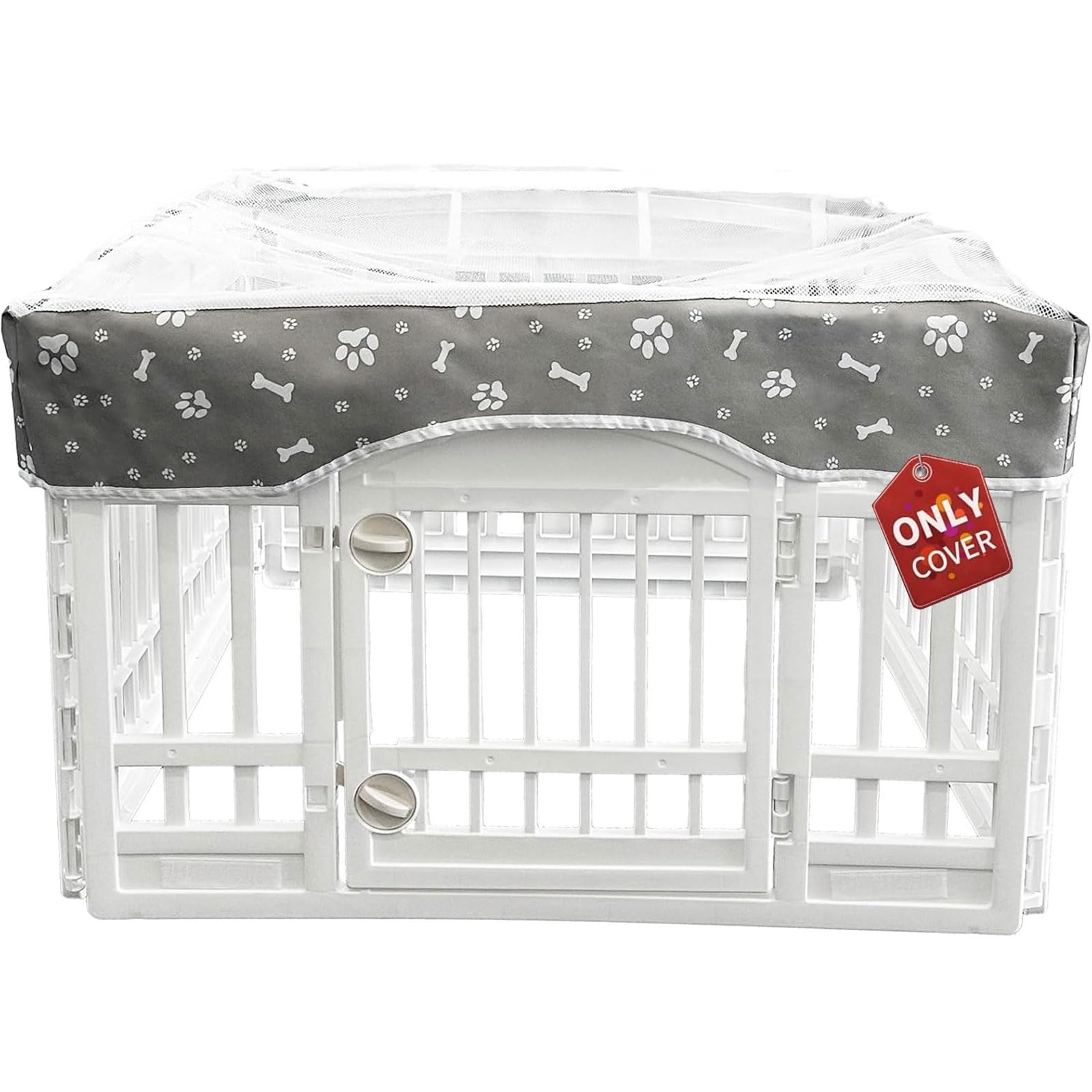 Photo 1 of PJYuCien Dog Playpen Mesh Top Cover, Fits 36 Inch 4 Panels Regular Square Plastic Exercise Pet Pen, Adhesive Tape Connections, Grey paw(Note: Cover Only, Fence Not Included)