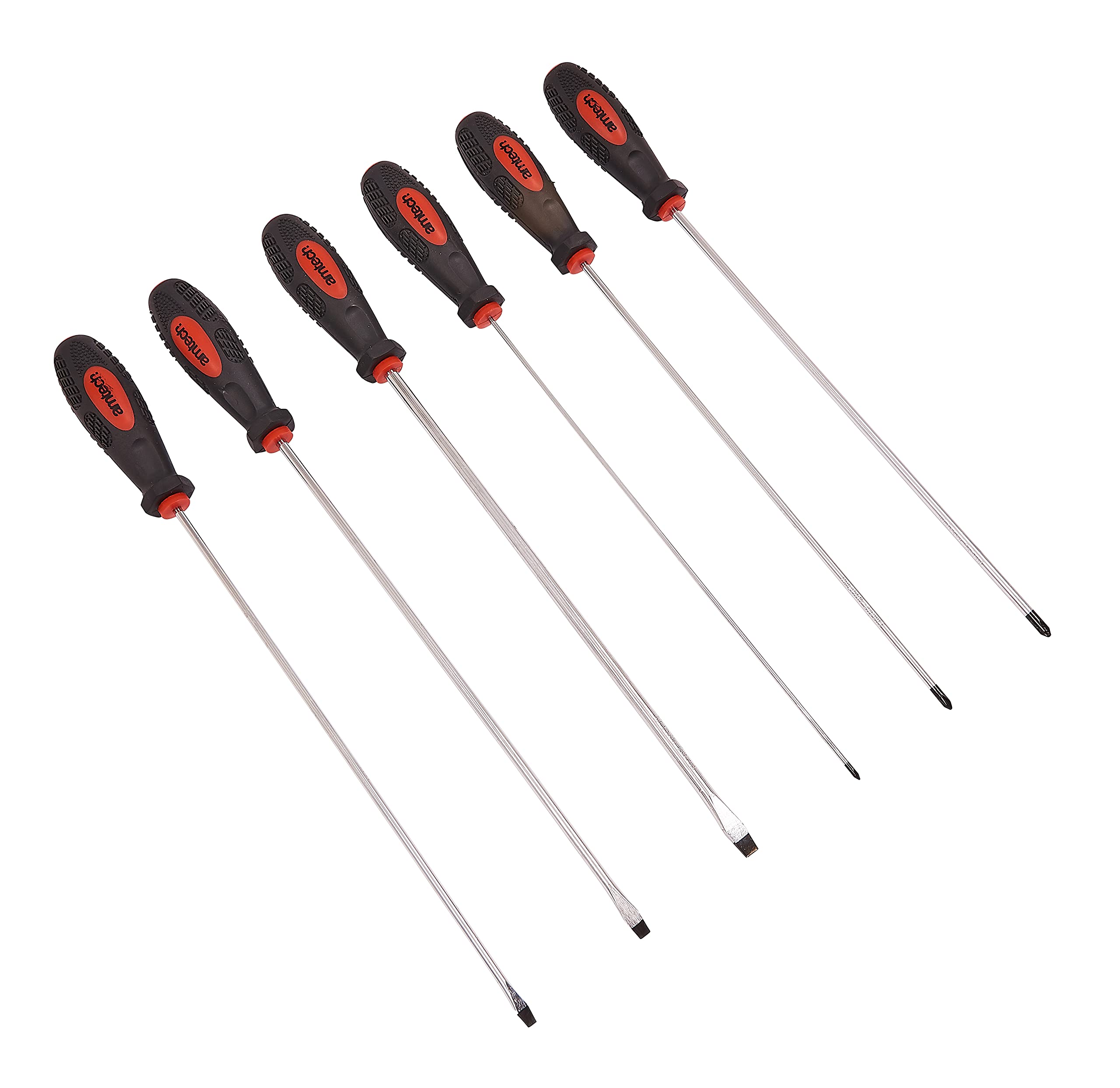 Amtech 6 pc Long Reach Screwdriver Set (325 mm Blade Length), Chrome Vanadium Steel with Magnetic Tips & Soft-Grip Handles for Automotive, Appliance & DIY Use
