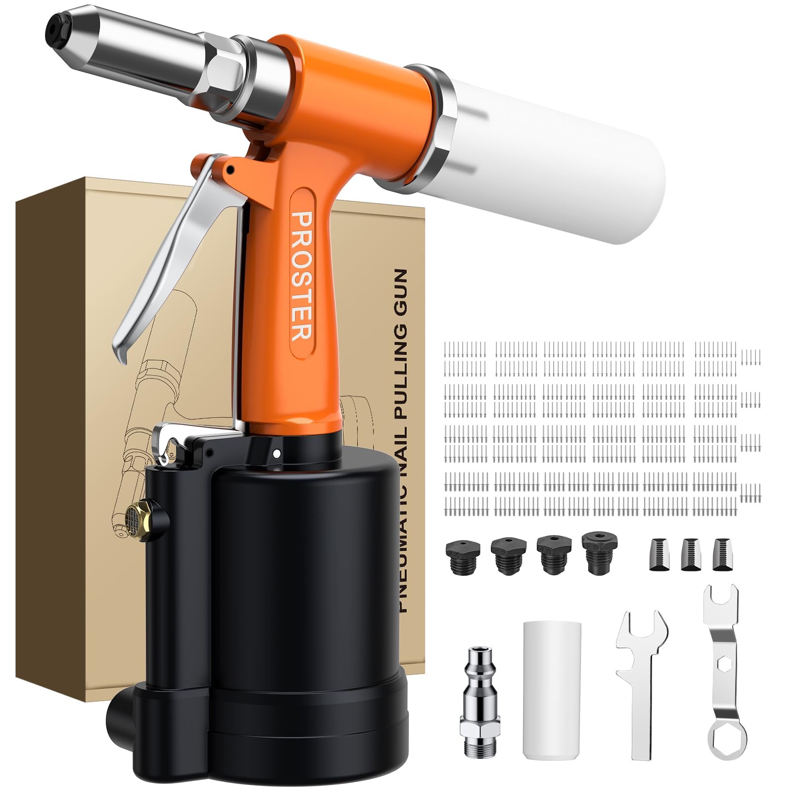 Proster Heavy Duty Pneumatic Air Rivet Gun Kit - 1408KGF Pulling Force 2.4-4.8mm 3/16" 3/32" 1/8" 5/32" Capacity Air Riveter for Automotive Repair, Garage, Metalwork & DIY, Includes 500PCS Rivets
