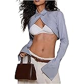 MakeMeChic Women's Striped Long Sleeve Blouse Button Front Collared Y2K Crop Tops