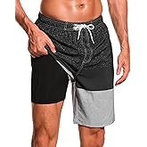 SILKWORLD Mens Swim Trunks with Compression Liner 9" Beach Board Shorts Men 2 in 1 Quick Dry Bathing Suit with Pockets