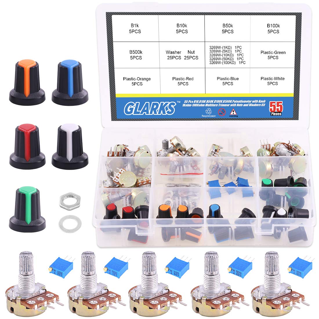 Glarks 55Pcs 5K-100K Ohm Knurled Shaft Linear Rotary Taper Potentiometer with 5 Color Knob Set (55Pcs Potentiometer Set)