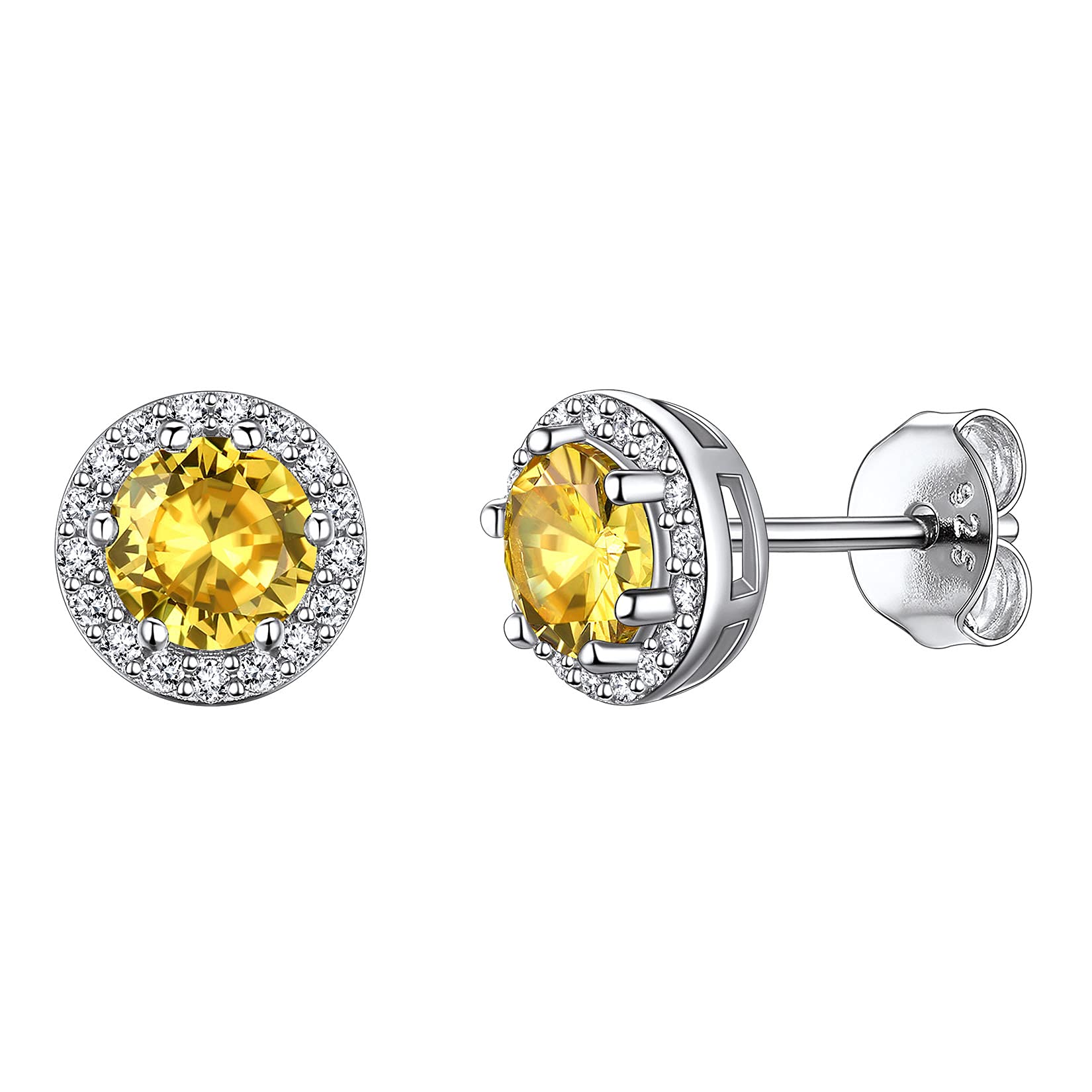 925 Sterling Silver Round Brilliant Cut Cubic Zirconia CZ Stud Earrings Dainty Small Comfortable Simulated Citrine November Birthstone Hypoallergenic Earrings for Women Girls Teens