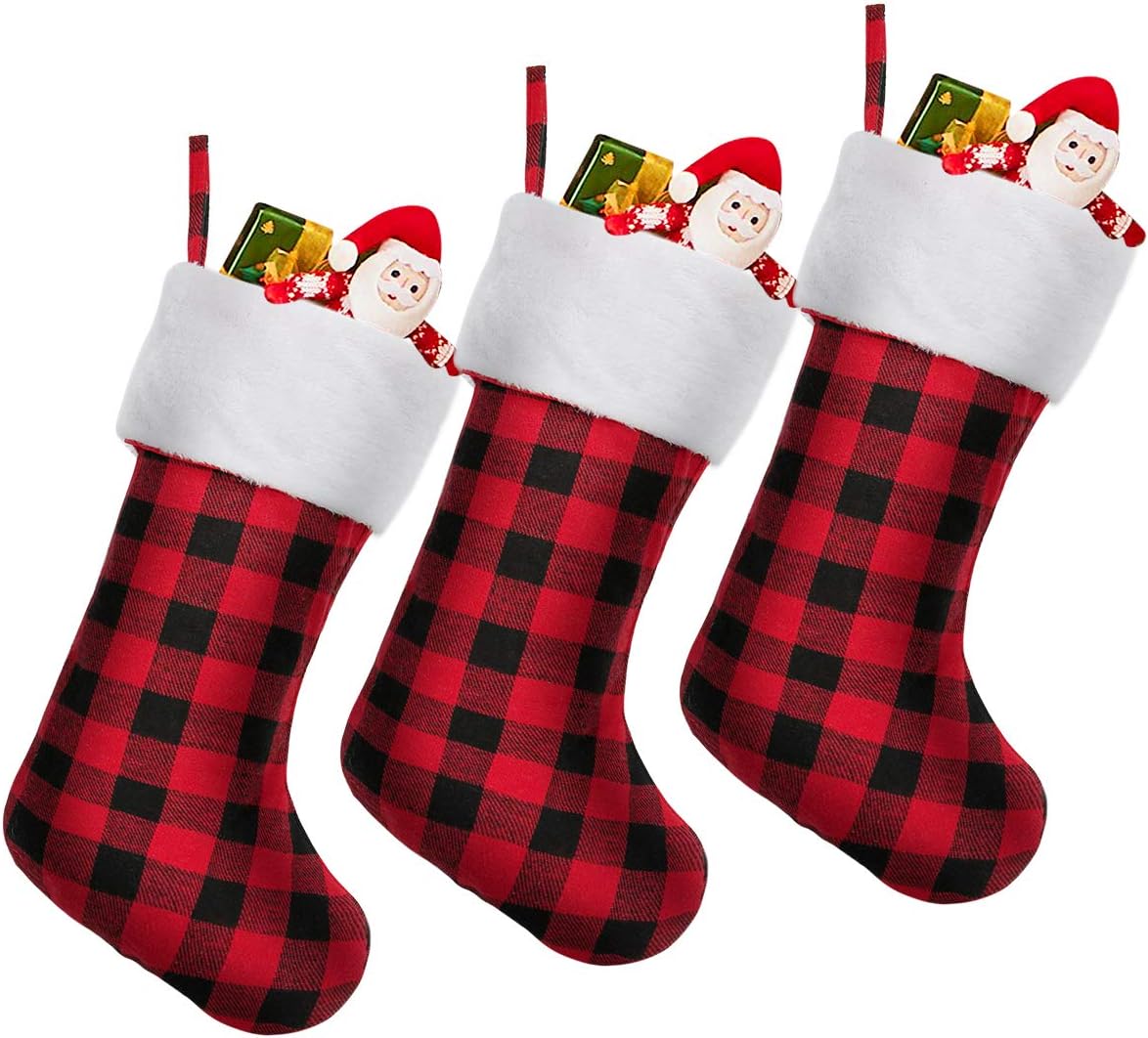 Townshine Christmas Stockings, Buffalo Plaid with Plush Cuff, Classic Stocking Decorations for Whole Family, Red and Black(3-Pack)