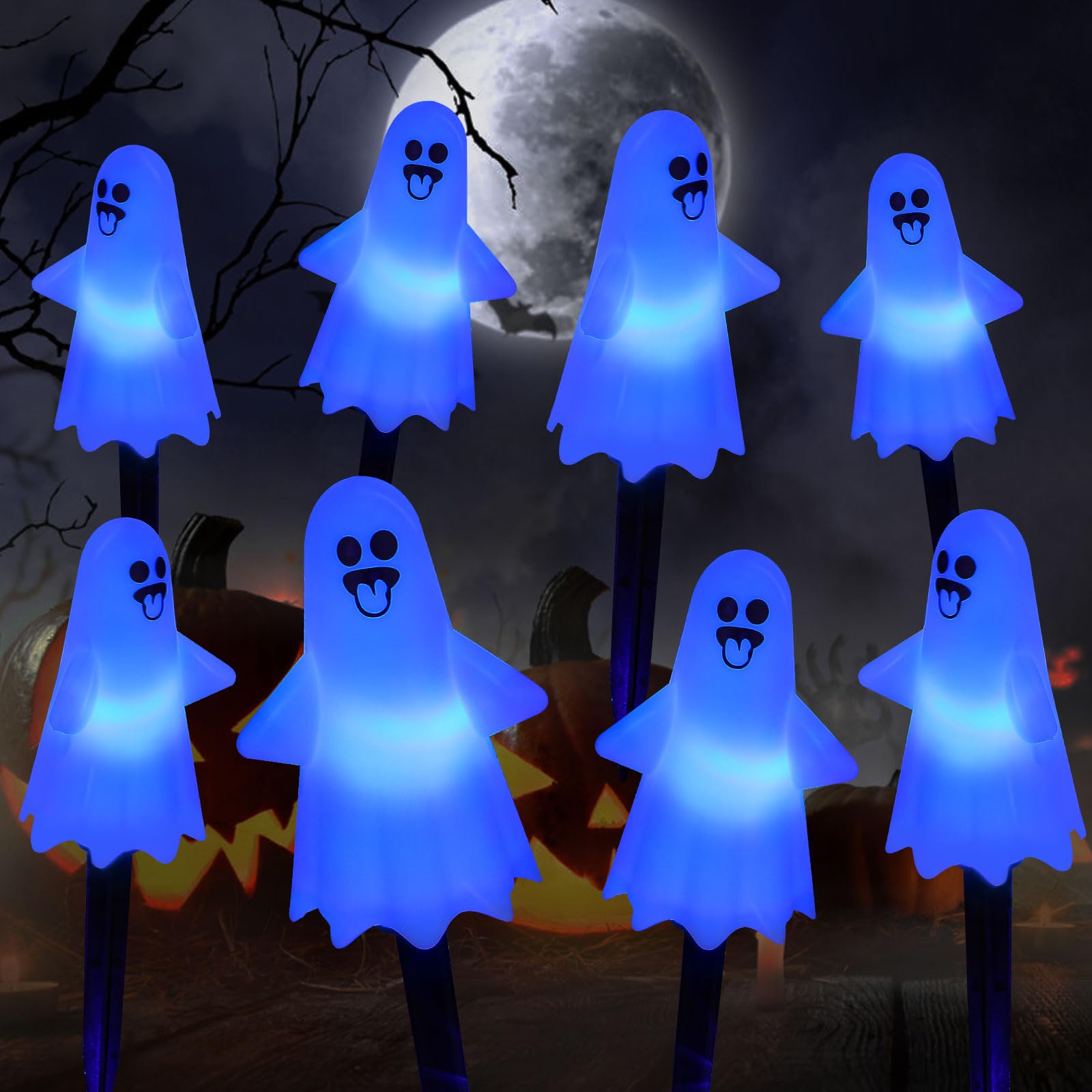 Photo 1 of 8Pcs Ghost Halloween Ghost Pathway Lights Outdoor, Solar Powered Halloween Ghost Stake Lights with 8 Lighting Modes, Waterproof Halloween Decorations for Garden/Yard/Patio