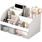 COMFYROOM Desk Organizer with 6 Compartments and 2 Drawers, Plastic Makeup Organizer, Pen Holder for Desktop Storage, Desk Organization for School, Home, Office Supplies (White)
