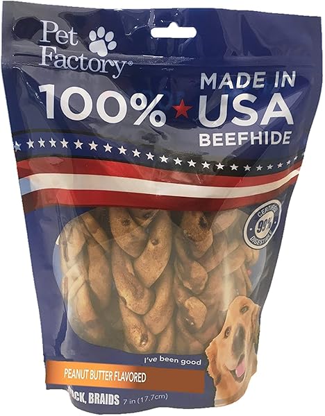 PET FACTORY 100% MADE IN USA BEEFHIDE 7″ BRAIDED STICKS DOG CHEW TREATS – PEANUT BUTTER FLAVOR, 6 COUNT/1 PACK