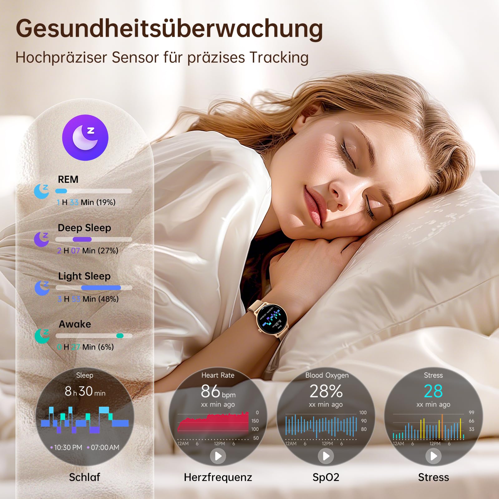 Smartwatch Damen Rund, 1.27" AMOLED Smart Watch mit Telefonfunktion, Fitnessuhr mit Pulsuhr Schlafmonitor Schrittzähler, 120+ Sportmodi Sportuhr IP68 Wasserdicht, Uhren Damen für Samsung iOS Android 3