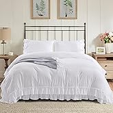 HIG 3 Piece King Ruffle Duvet Cover Off White Handmade Rustic Ruffle - 100% Washed Cotton Bedding Cover - Natural Wrinkle & Breathable Zipper Closure & Corner Ties (Hans), Hans-Off White