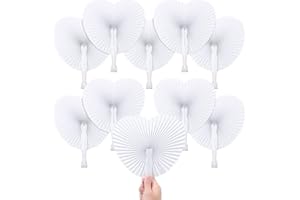 QLOUNI 60 Pack Handheld Folding Fans, White Heart Shaped Paper Fans with Plastic Handle for Wedding, Christmas, Birthday Favo