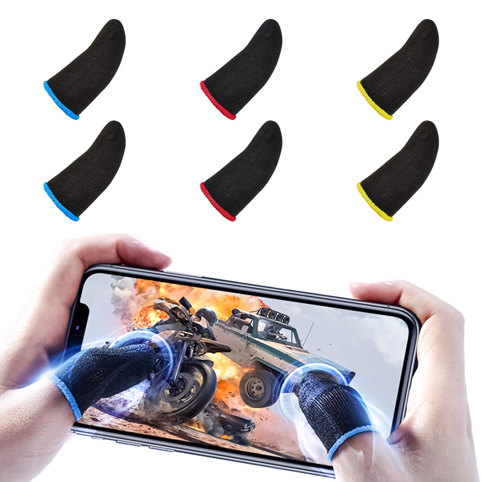 Newseego PUBG Mobile Gaming Finger Sleeve Sets,[6 Pack] Mobile Thumb Sleeves Touch Screen Phone Finger Sleeve Breathable Anti-Sweat Sensitive Shoot & Aim Keys for Rules of Survival for Android & IOS