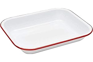 CROW CANYON HOME Enamelware Small Open Roaster, 11.5 x 9.25 inches, Vintage White/Red (Single)