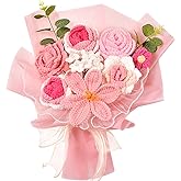 Hlenbin Crochet Flowers Bouquet, Crochet Rose Tulip Knitted Flower for Mother's Day, Valentine's Day, Anniversary, Wedding, Birthday, Home Décor, Gifts for Mom, Lovers, Friends, Pink