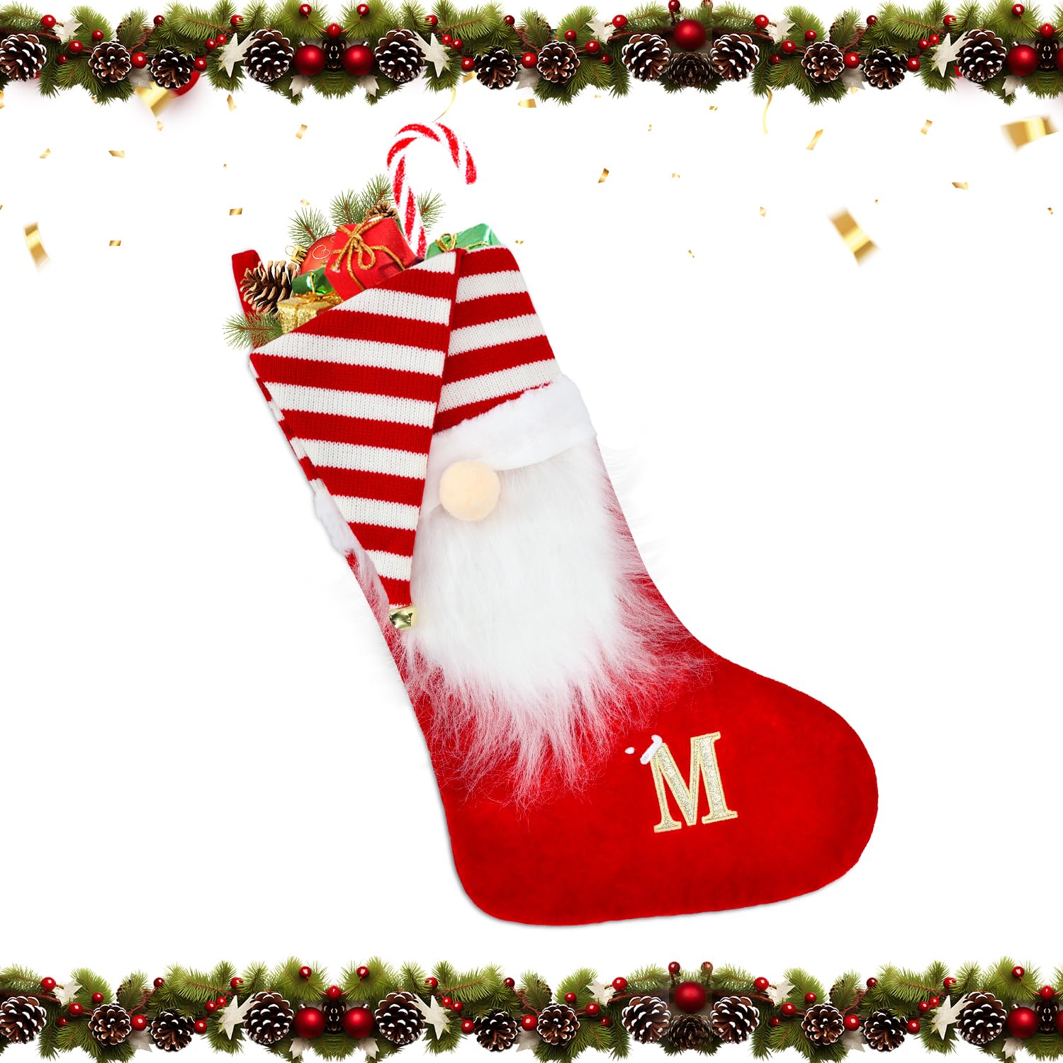 Alederways Christmas Stockings, 22" Red Hat Monogram Knitted Xmas Santa Beard Personalized Embroidered Stockings for Christmas Tree Decor Kids Adults Xmas Gift (Santa M)