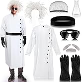 Jiuguva 9 Pcs Halloween Mad Scientist Costume for Adult Men Including Coat Belt Cup Gloves Goggles Wig Mustache Eyebrows