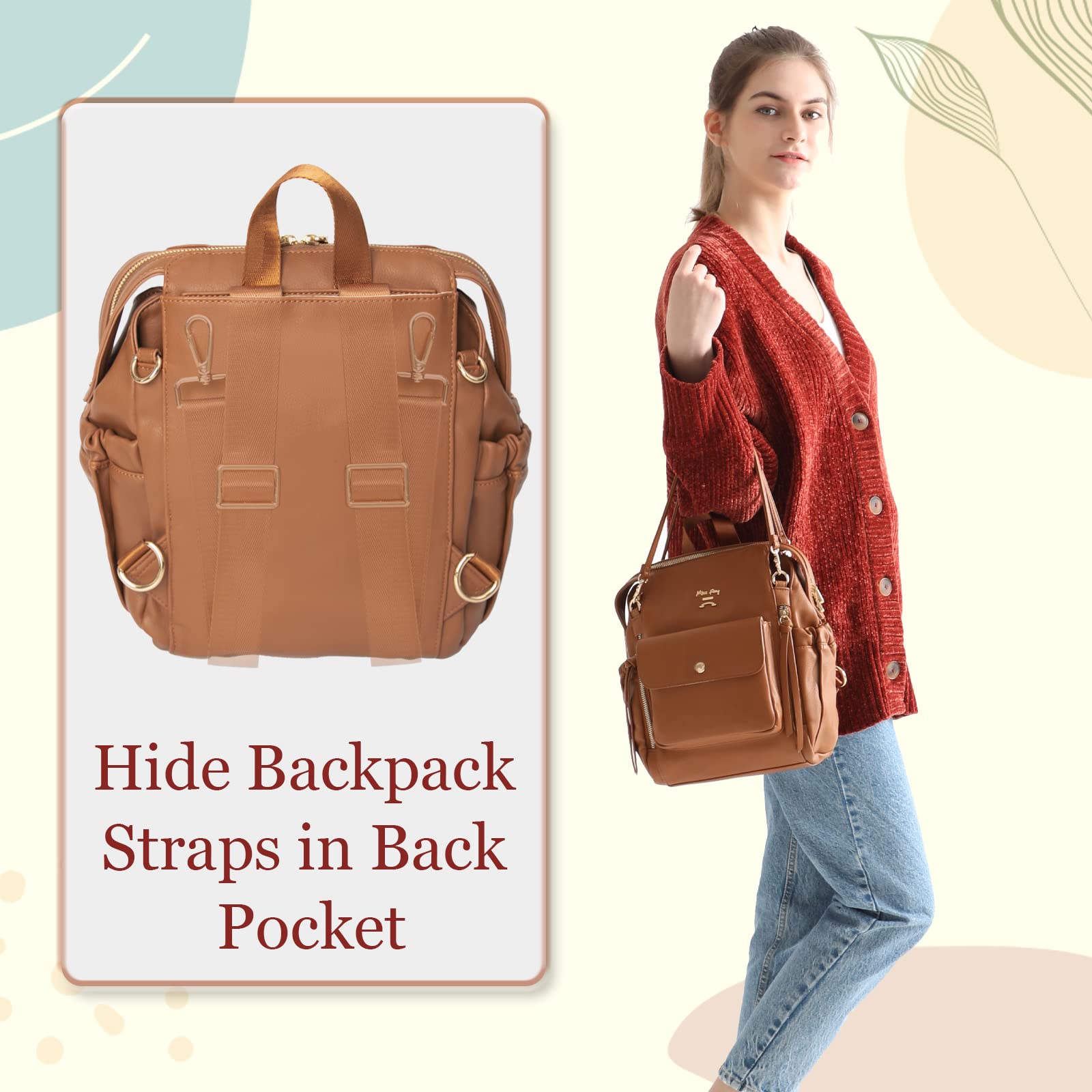 miss fong Small Diaper Bag, Mini Dackpack Leather Diaper Bag Backpack with 12 Diaper Bag Organizer, Insulated Pocket, 2 Insulated Pockets (Brown)