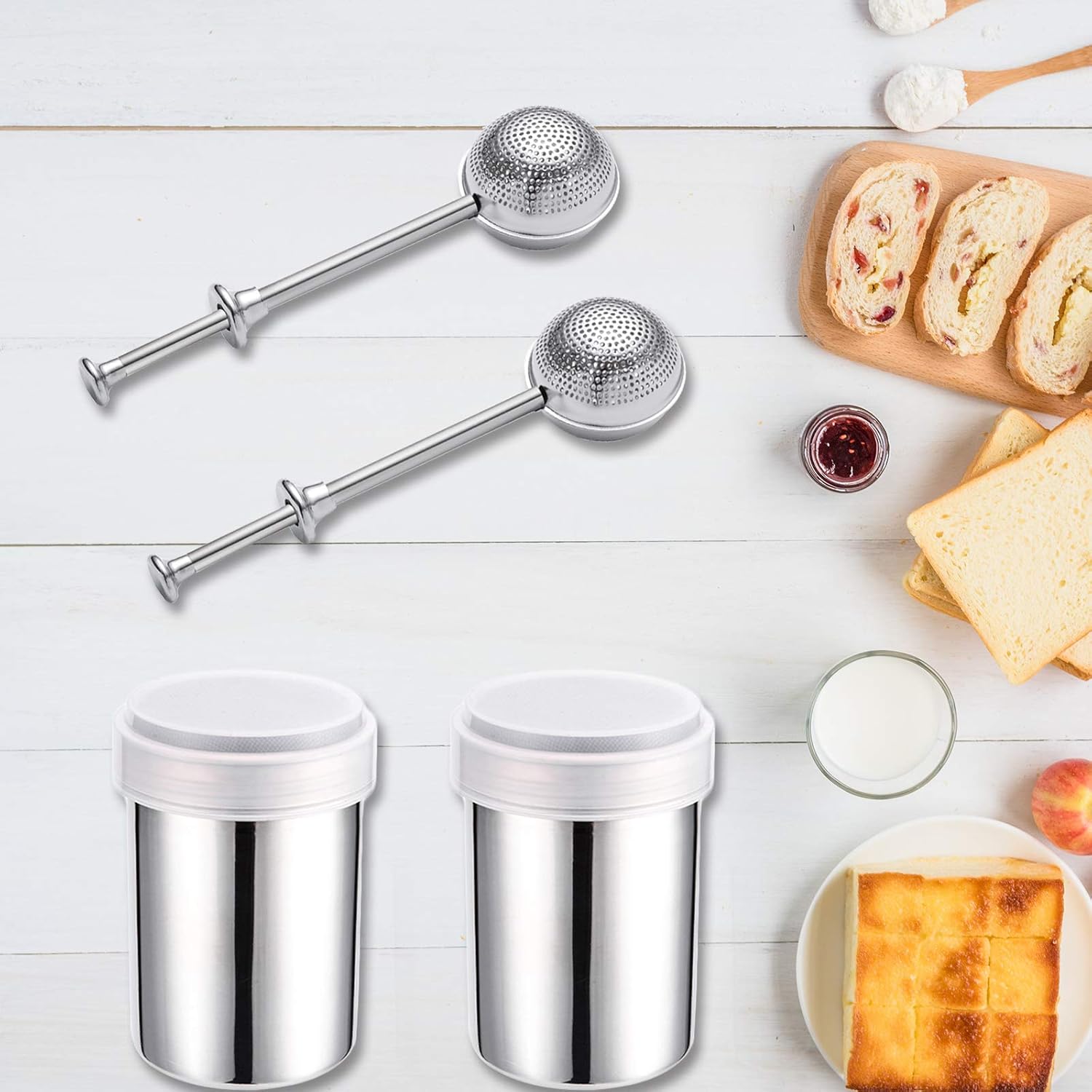 4 PCS Powdered Sugar Shaker Duster, Sugar Dispenser Flour Cinnamon Shaker, Flour Powder Duster Powdered Sugar Shaker with Lid for Flour Sugar and Spices