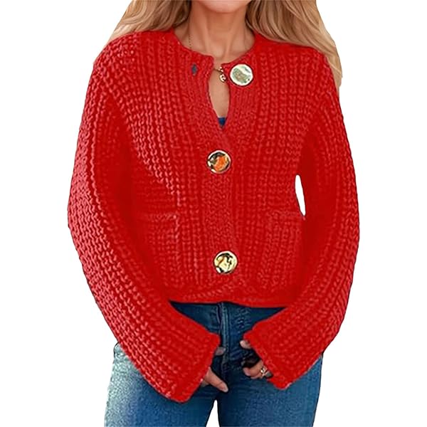 Women Y2K Open Front Button Down Crop Sweater Cardigan Chunky Knit