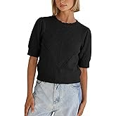 SCUSTY Women's Short Sleeve Knit Sweater Puff Sleeve Crew Neck Cropped Lightweight Knit Pullover Top Tee