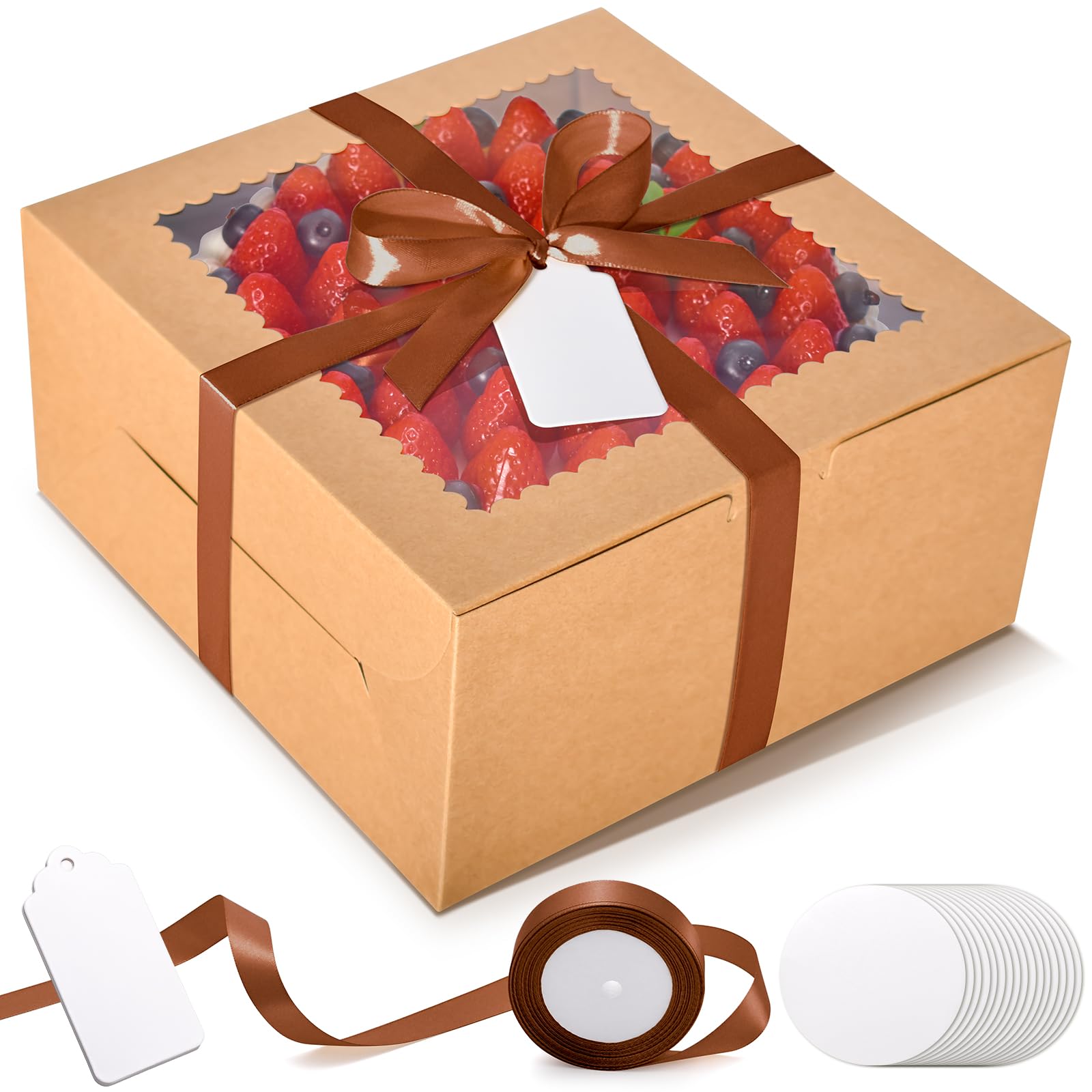 Photo 1 of DOYIDE 32Pcs 10 Inch Cake Boxes with Cake Boards (16Pcs Brown Cake Boxes, 16Pcs Cake Boards), 10x10x5 Inch Bakery Boxes with Window, Cake Carrier Container for Birthday Party, Wedding