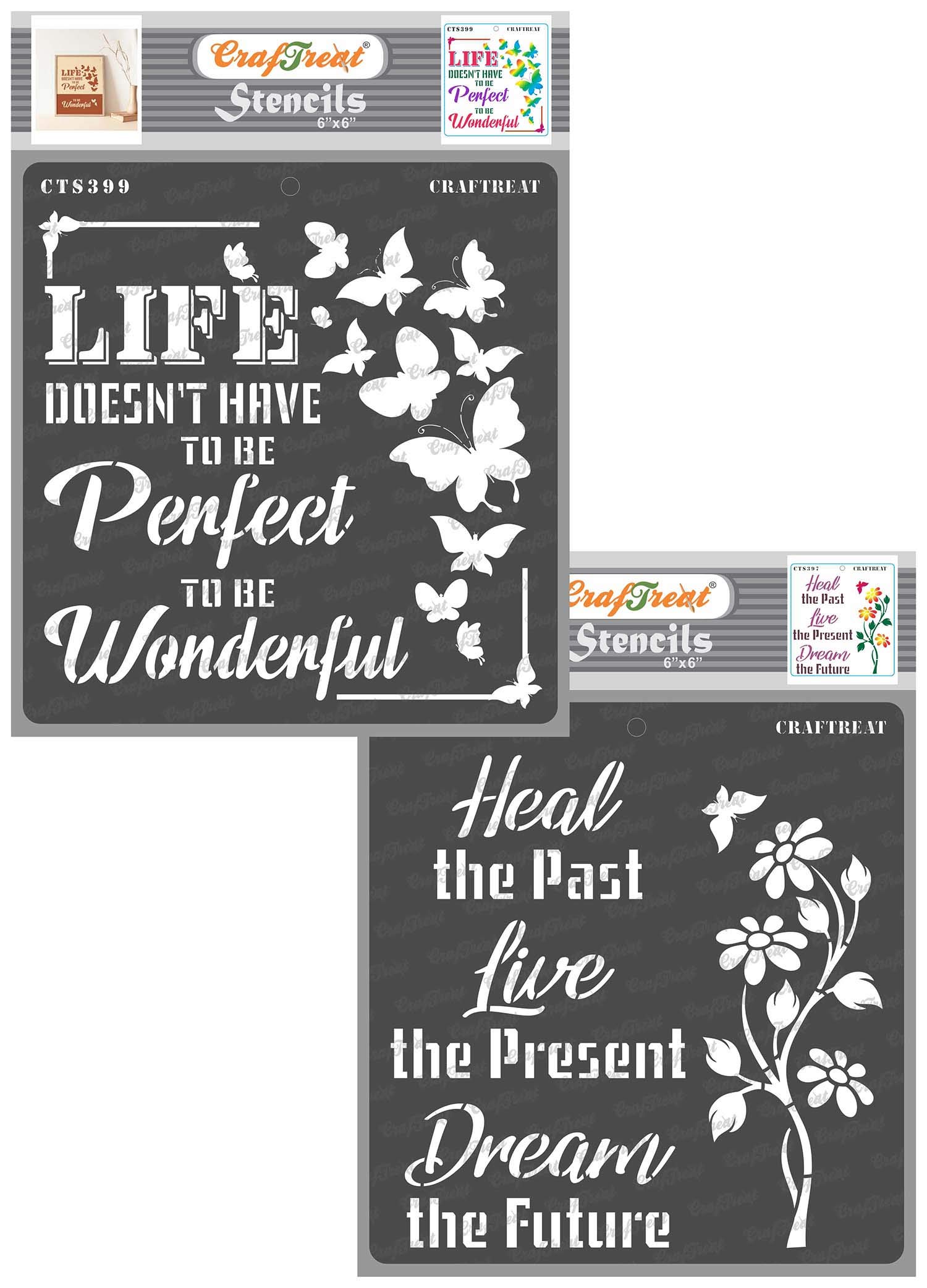 CrafTreat Reusable Quote Stencils for Painting on Wood, Canvas, Paper, Fabric, Floor, Wall and Tile - Heal and Wonderful Life - 2 Pcs - 6x6 Inch Each - DIY Art and Craft Stencils for Home Decor