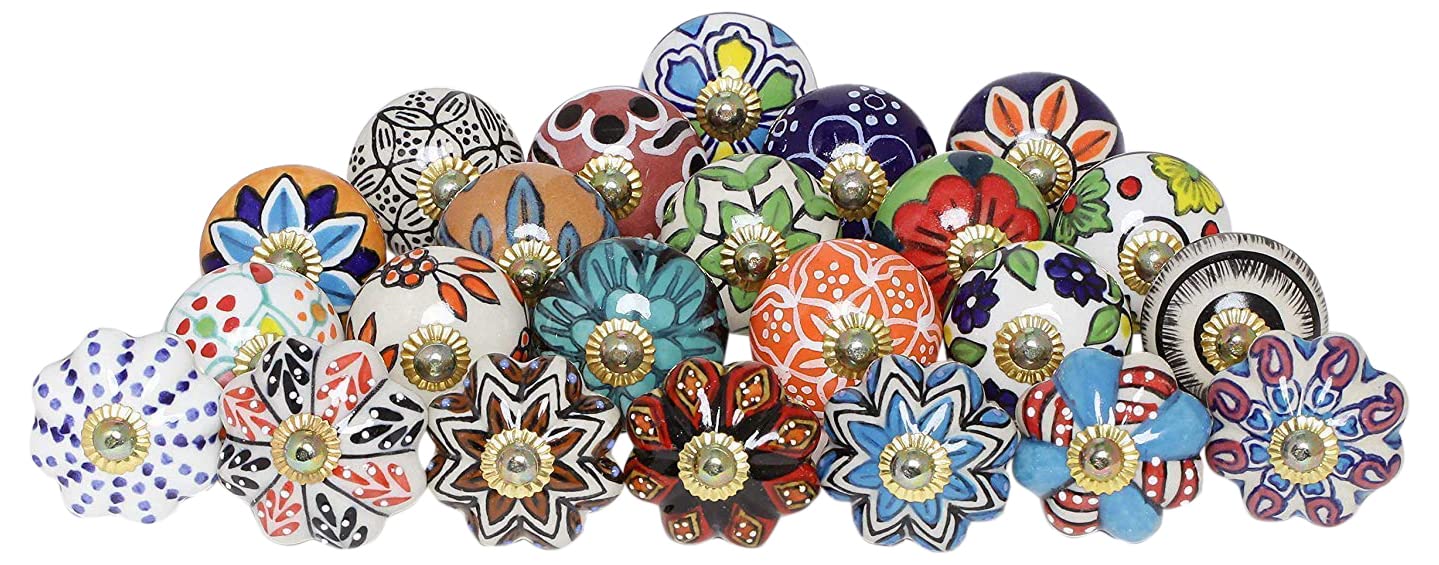 FOLK CRAFT Kitchen Cabinet Knobs - Pack of 30 - Indian Countryside Colorful Assorted Ceramic Drawer Pull Handle Dresser Cupboard Wardrobe Knob Boho Room Interior Decor - Multicolor