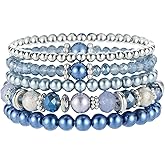 Noessla Beaded Pearl Stretch Bracelet Silver Stackable Crystal Beads Bracelets Trendy Costume Jewelry Mothers Day Gifts for Women