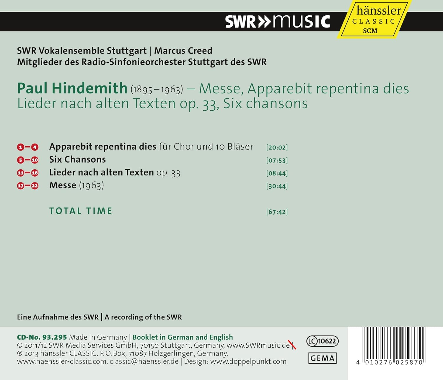 Paul Hindemith Marcus Creed Swr Vokalensemble Stuttgart Hindemith Messe Apparebit Repentina Dies Lieder Nach Alten Texten Op 33 Six Chansons Amazon Com Music