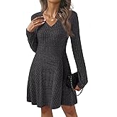 AUTOMET Womens Sweater Dresses Winter Long Sleeve Fall Fashion 2025 V Neck A-Line Flowy Mini Casual Dress Comfy Work Clothes
