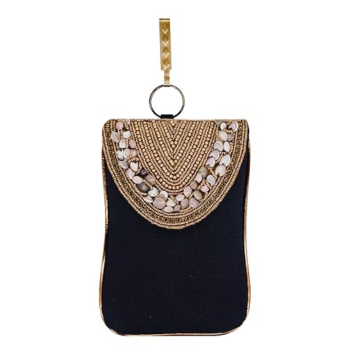 Bagaholics Ethnic Beads & Stone Jute Clutch Diamond Studded Saree Clutch Mobile Pouch Waist Clip Ladies Purse Gift For Women