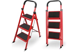 QIOJIRMU Step Ladder,Portable Folding Step Stool with Convenient Handgrip and Anti-Slip Wide Pedal,Portable and Versatile for Adults Home Kitchen,Lightweight,Sturdy Construction. (Red-3 Step)