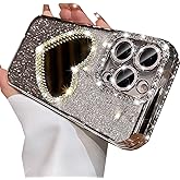 Changjia Glitter Mirror Case for iPhone 15 Pro Max,Luxury Diamond Heart Makeup Mirror Bling Sparkly Rhinestone with Camera Protector Soft Plating Bumper Women Girls Case for iPhone 15 Pro Max (Silver)