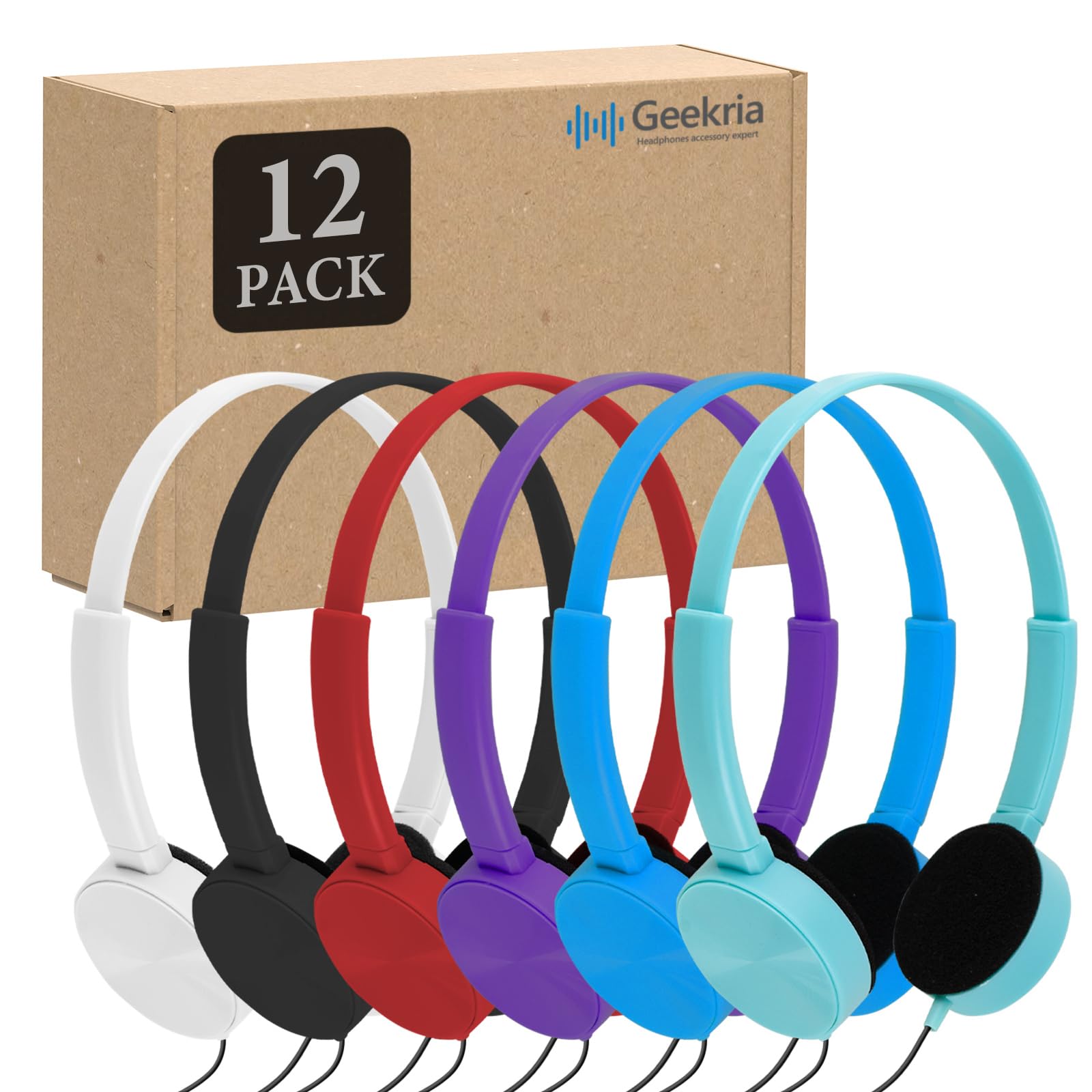 GEEKRIA 24 Pack Wired Headphones for Classroom Adjustable On-Ear Headphones, Kids Headphones Wholesale Children On-Ear Headset for Schools, Student, Libraries, Computer Lab, Bulk Pack
