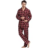 amaxer Men's Flannel Pajamas Set Warm Winter PJs Long Sleeve 100% Cotton Elastic Waistband Button Fly