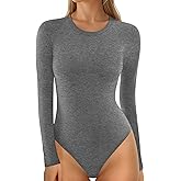 MANGOPOP Women's Crew Neck Short Sleeve Bodysuit Long Sleeve Body Suit T Shirts Basic Slim Fitted Tops