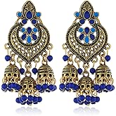 Boho Chandellier Jhumka Statement Dangle Earrings for Women Vintage Large Flower Ball Bead Tassel Drop Dangling Earring Indian Bollywood Jewelry Holiday Festival Christmas