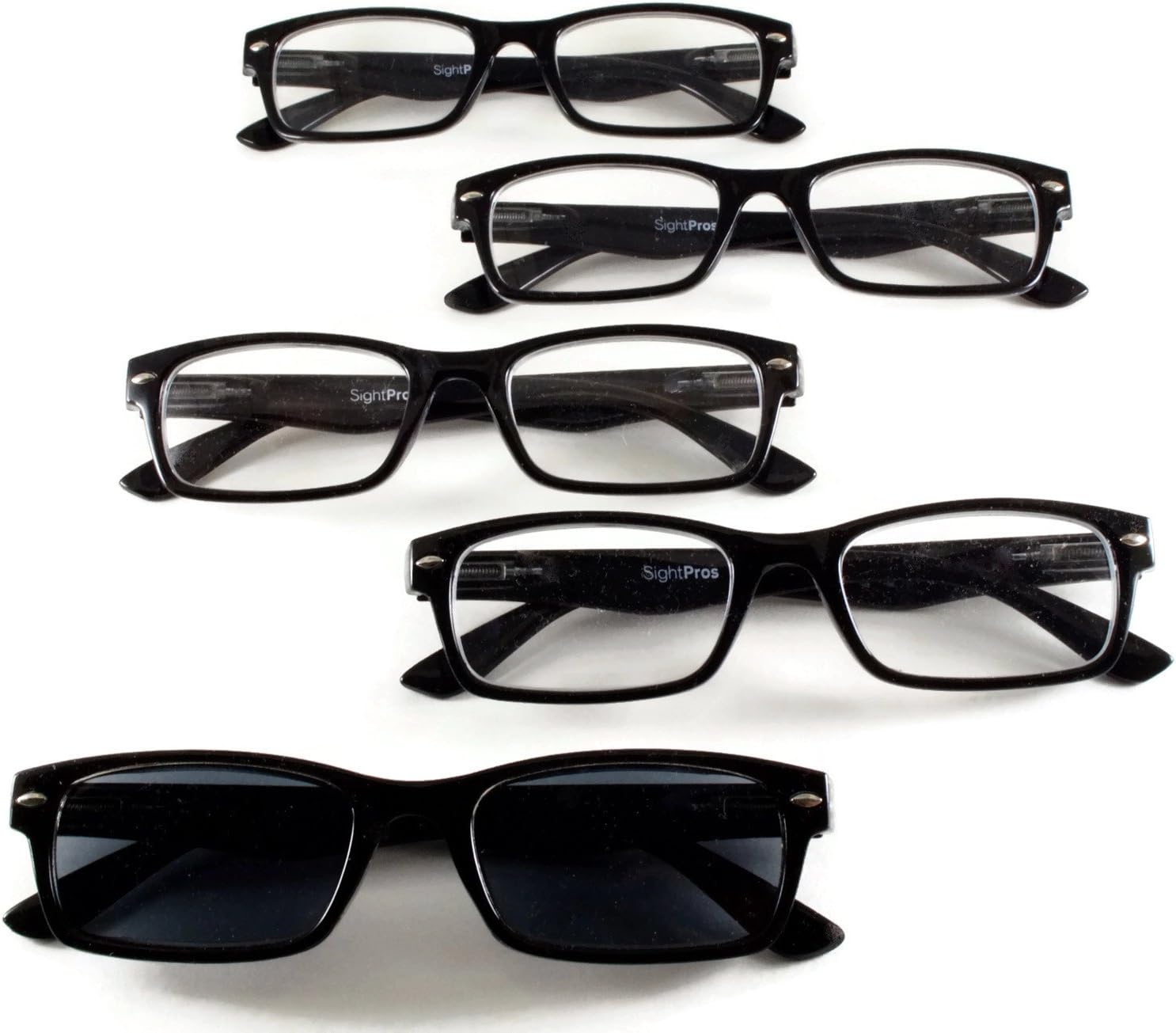 SightPros Reading Glasses - See Clearly up close - "cheaters" for men and women- magnifying readers- set of 5 including sunglass reader (black, +2.00)