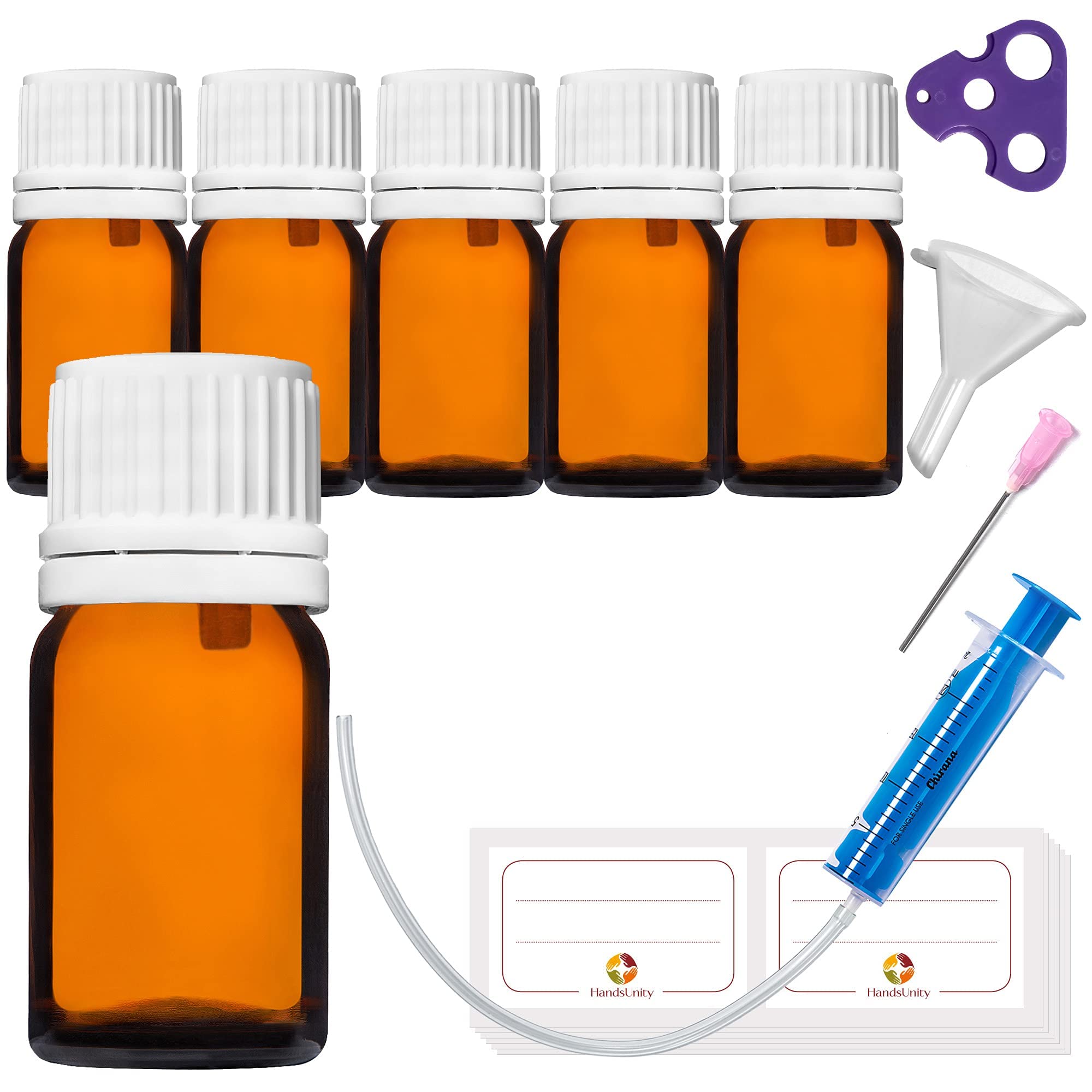 HandsUnity 5ml-6pcs Dropper Insert Bottle - Small Amber Glass Bottle Apothecary Glass with White Dropper Insert Cap made of Brown Glass set including 18 auxiliary Accessories