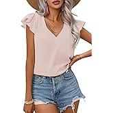 Spriolim Women's Ruffle Short Sleeve Shirt Summer Pleated V Neck Top Casual Loose Chiffon Blouses