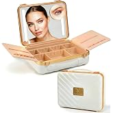 NJ GLAM Lighted Makeup Case with Mirror + 10x Mini Mirror - Portable, 3 LED Modes, Adjustable Dividers I Travel Makeup Train Case &amp; Organizer I USB Rechargeable I (White)