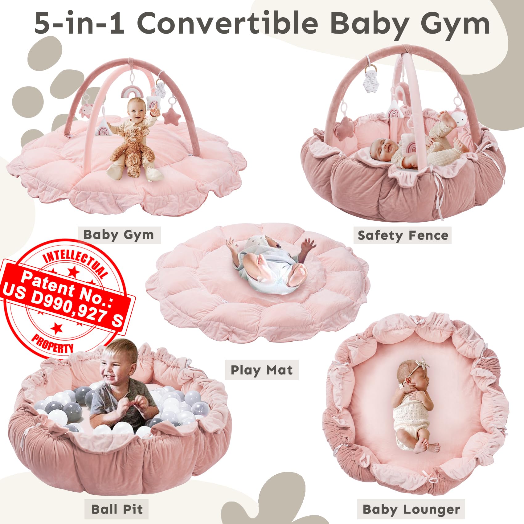5-in-1 Thick & Plush Baby Play Gym, Baby Play Mats for Floor, Tummy Time Mat with 6 Toys, Convertible Stage-Based Developmental from Babies to Toddlers, Ball Pit, Pink
