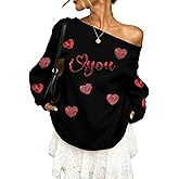 BANGELY Valentines Off Shoulder Sweatshirt Women Love Heart Long Sleeve Shirt Casual Oversized Sweatshirts Fashion Sequin Top