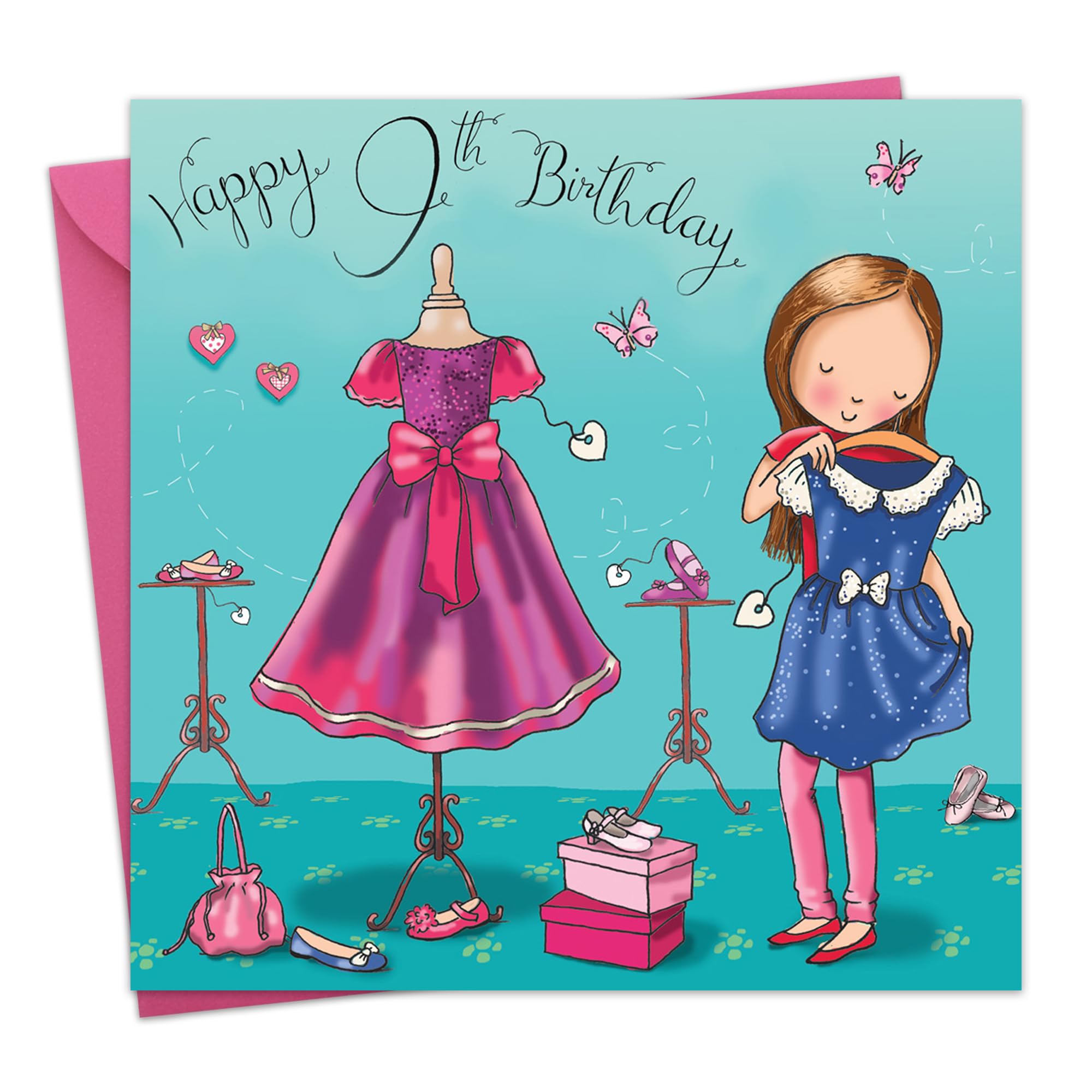 Twizler 9th Birthday Card for Girl with Dress - Girls Age 9 Year Old Childrens Happy Birthday Card Gifts