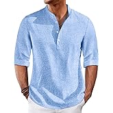 Runcati Mens Linen Henley Shirts Casual Lightweight 3/4 Sleeve T-Shirt Summer Beach Yoga Hippie Tops