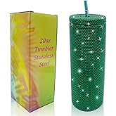 XMYAINA 20oz Bling Diamond Tumbler with Lid and Straw Studded Skinny Tumbler Stainless Steel Vacuum Insulated Water Bottle Double Wall Iced Coffee Mug Reusable Glitter Cups (Emerald)