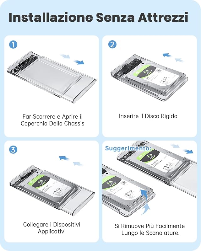 Case Hard Disk 2.5", 6Gbps USB 3.1 Gen 2 Case SSD 2.5 per SATA III 7mm/9.5mm SSD HDD, Supporto UASP/TRIM & Nessuno Strumento Case Disco Rigido Compatibile con Toshiba WD PS4 Xbox-Trasparente