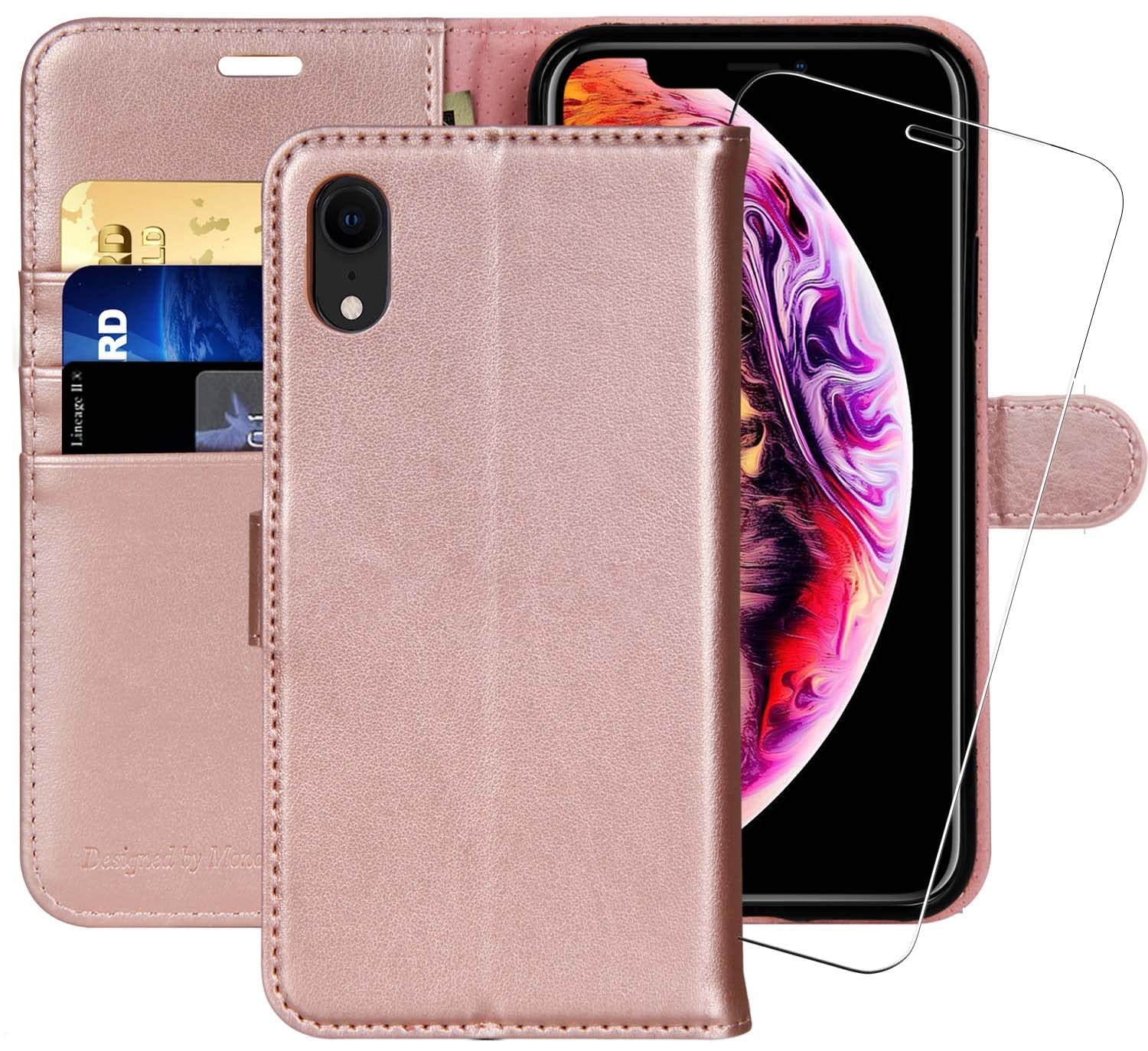 iPhone XR Wallet Case,6.1-inch,MONASAY [Glass Screen Protector Included] Flip Folio Leather Cell Phone Cover with Credit Card Holder for Apple iPhone XR,Rose Gold
