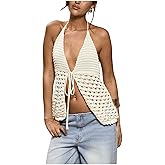 SOLY HUX Women's Halter Knit Crop Top Y2k Sleeveless Tie Front Hollow Out Summer Festival Camisole Streetwear
