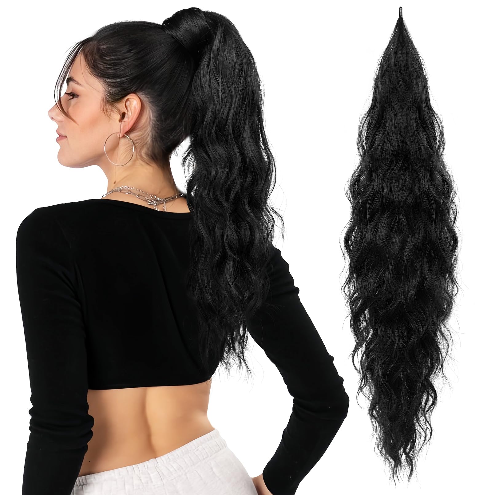 Photo 1 of Flufymooz Ponytail Extension, Flexible Wrap Around Ponytail Extension Long Wavy Curly Ponytail Hair Extensions Natural pony tail Synthetic Hairpiece for Women 26 Inch (Natural Black)